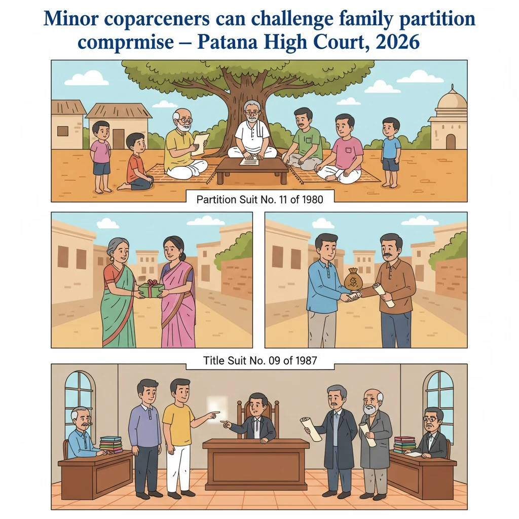Courtroom scene illustrating a family dispute over ancestral property compromise.