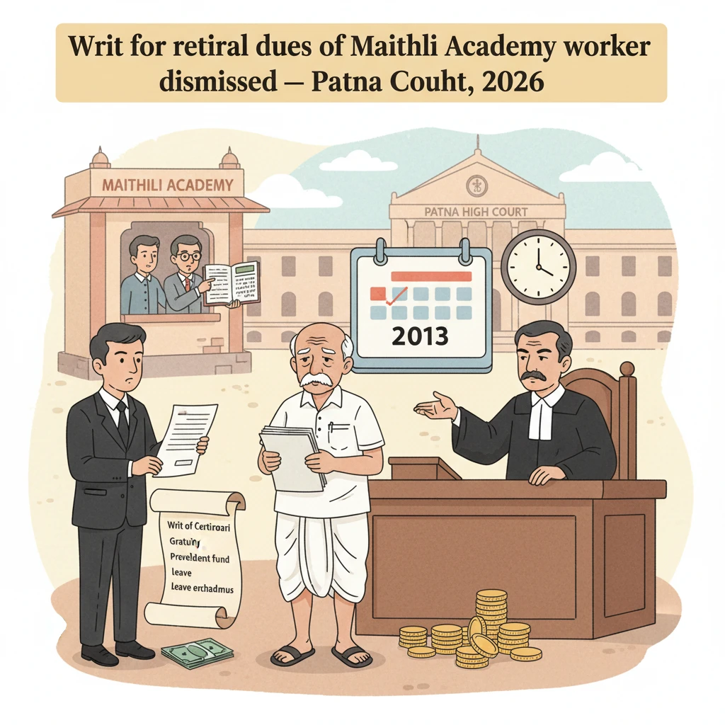 Courtroom scene representing Patna High Court deciding retiral dues of an academy employee.