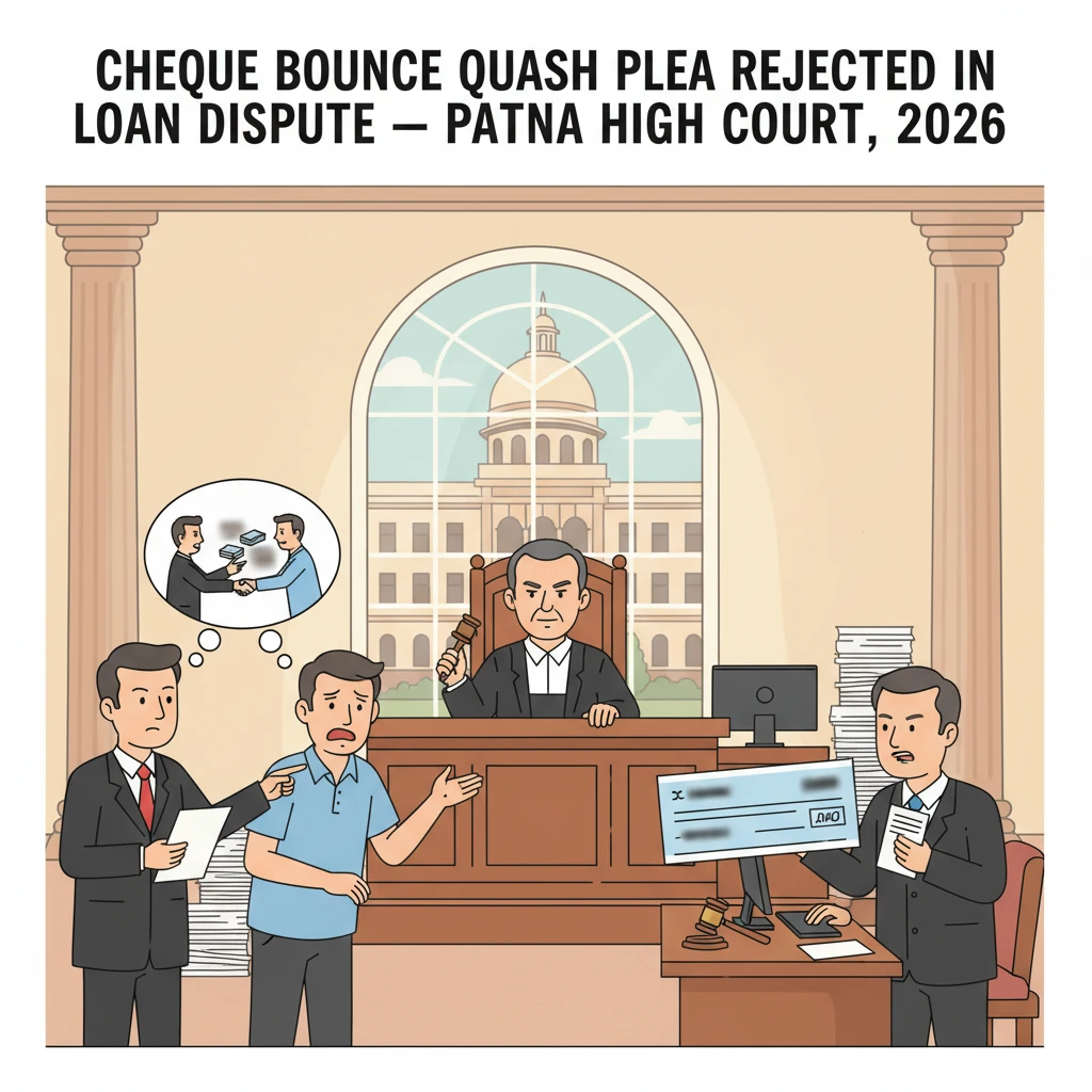 Illustration of Patna High Court hearing a cheque bounce quashing petition.