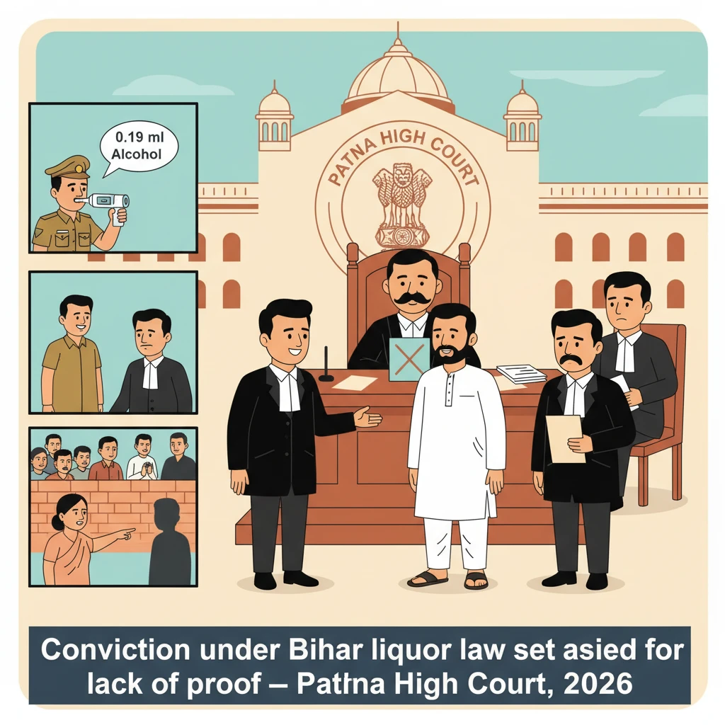 A courtroom illustration showing a judge reviewing evidence in a Bihar prohibition case.