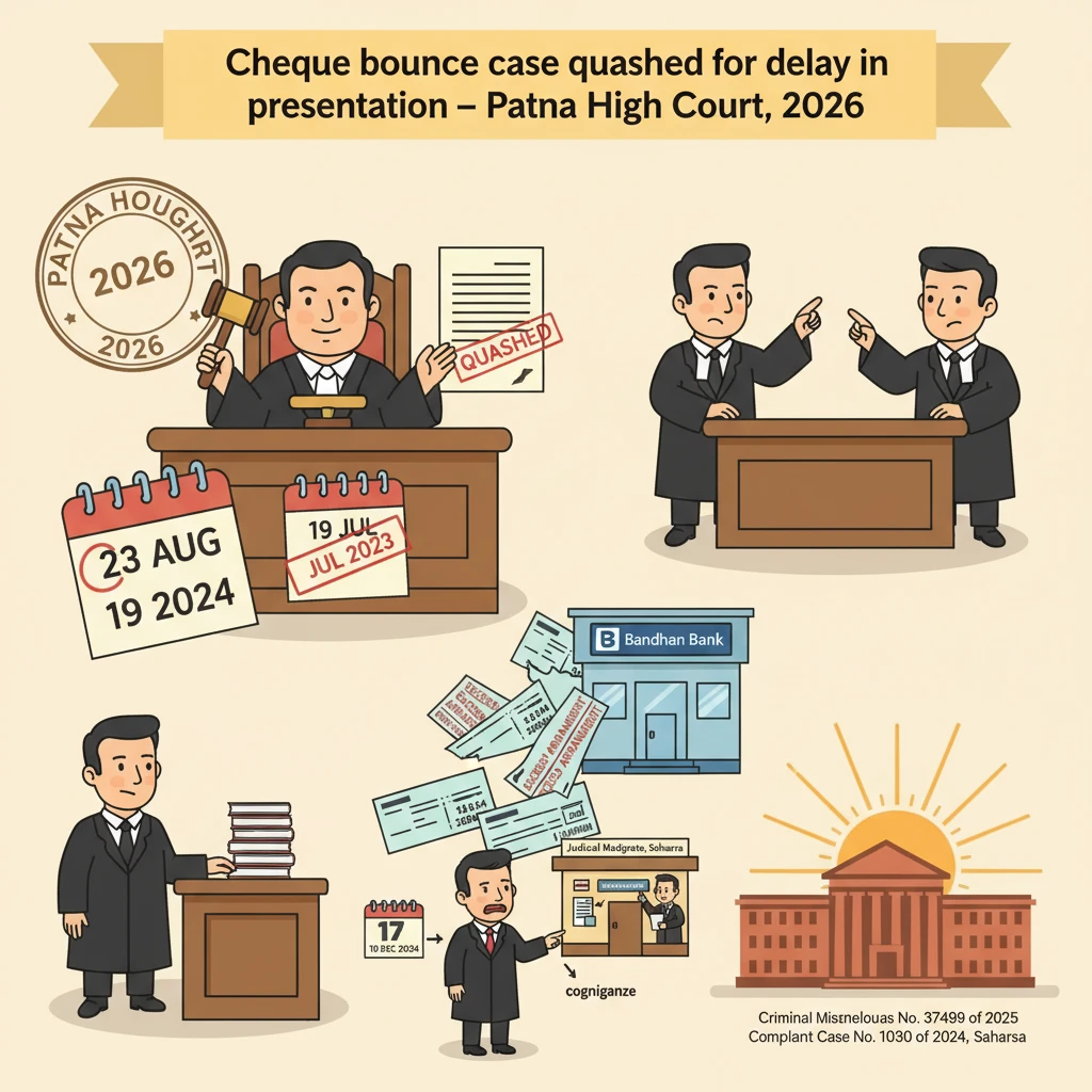 A courtroom scene representing a Patna High Court cheque bounce case being quashed.