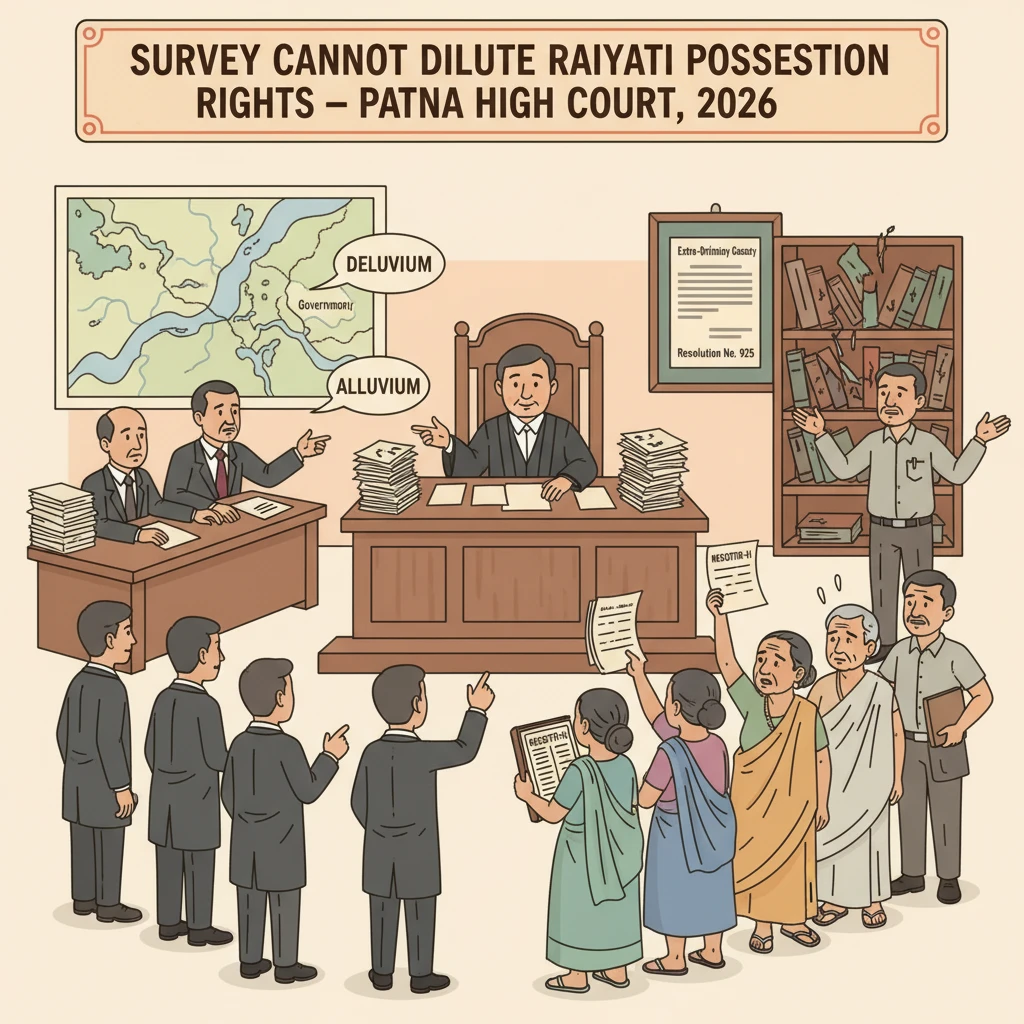 Illustration of Patna High Court reviewing disputes over survey and raiyati land rights.