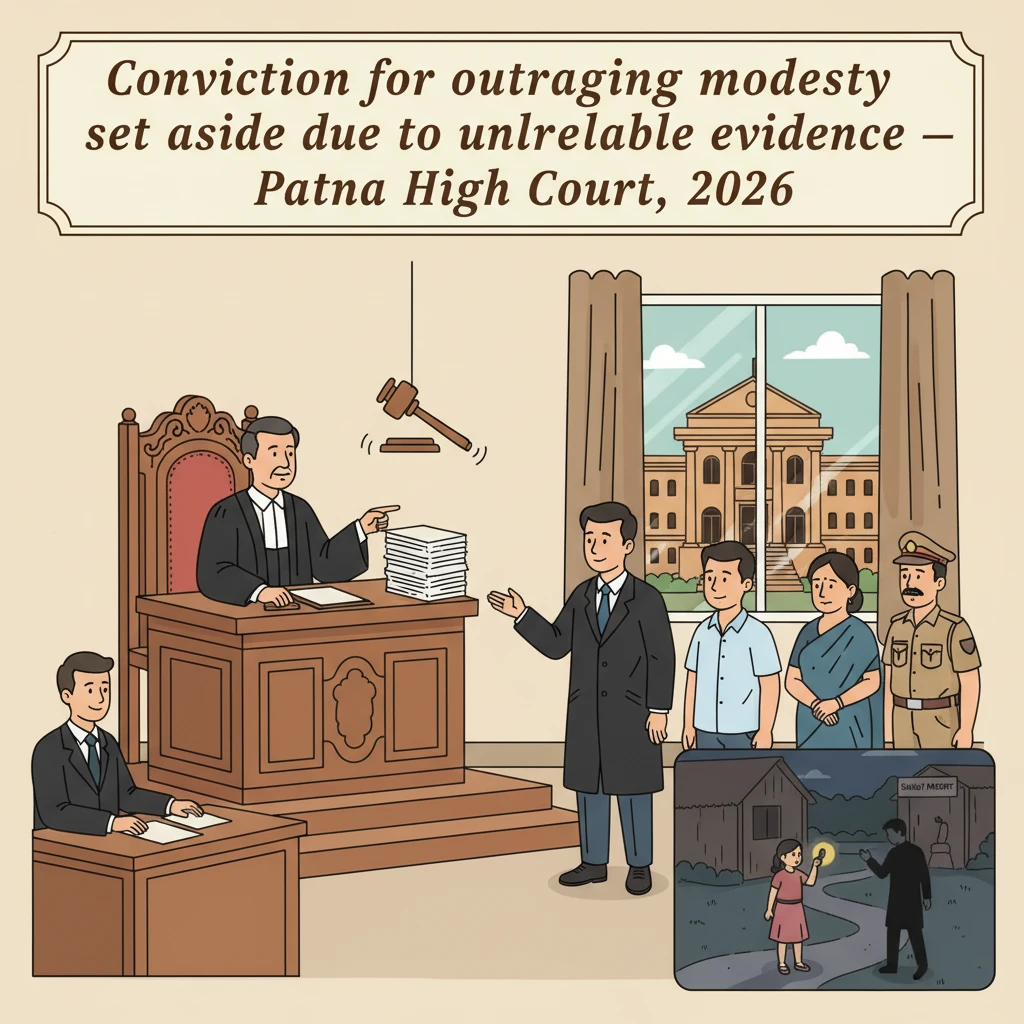 Courtroom illustration of a Patna High Court judge hearing a criminal appeal from Bhojpur.