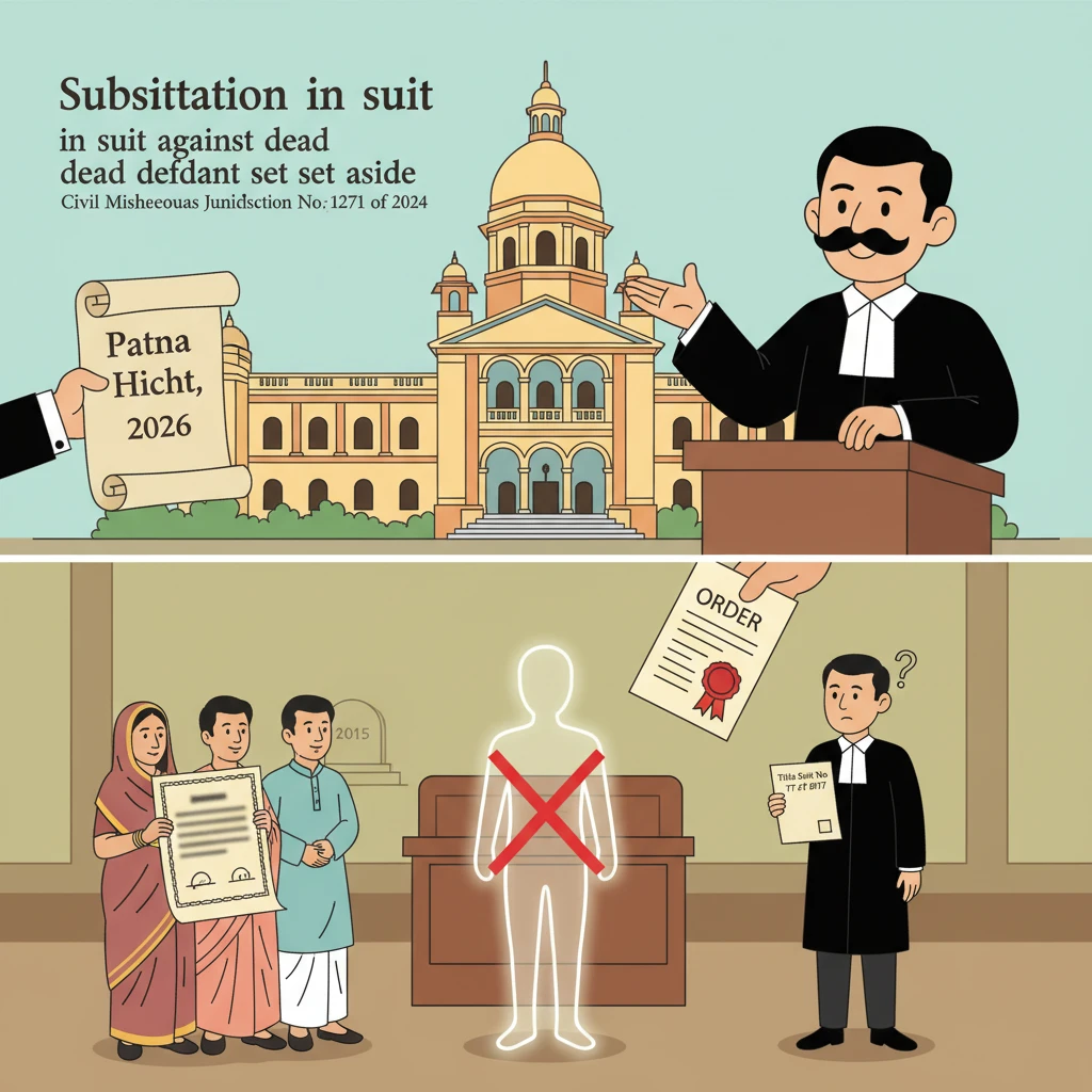 Courtroom scene at Patna High Court highlighting a civil dispute over a suit filed against a deceased person.