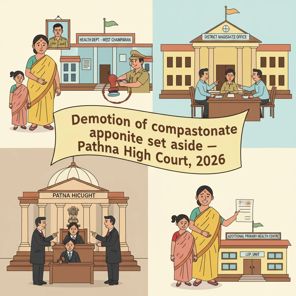 Courtroom illustration showing judicial review of a government health employee’s demotion.