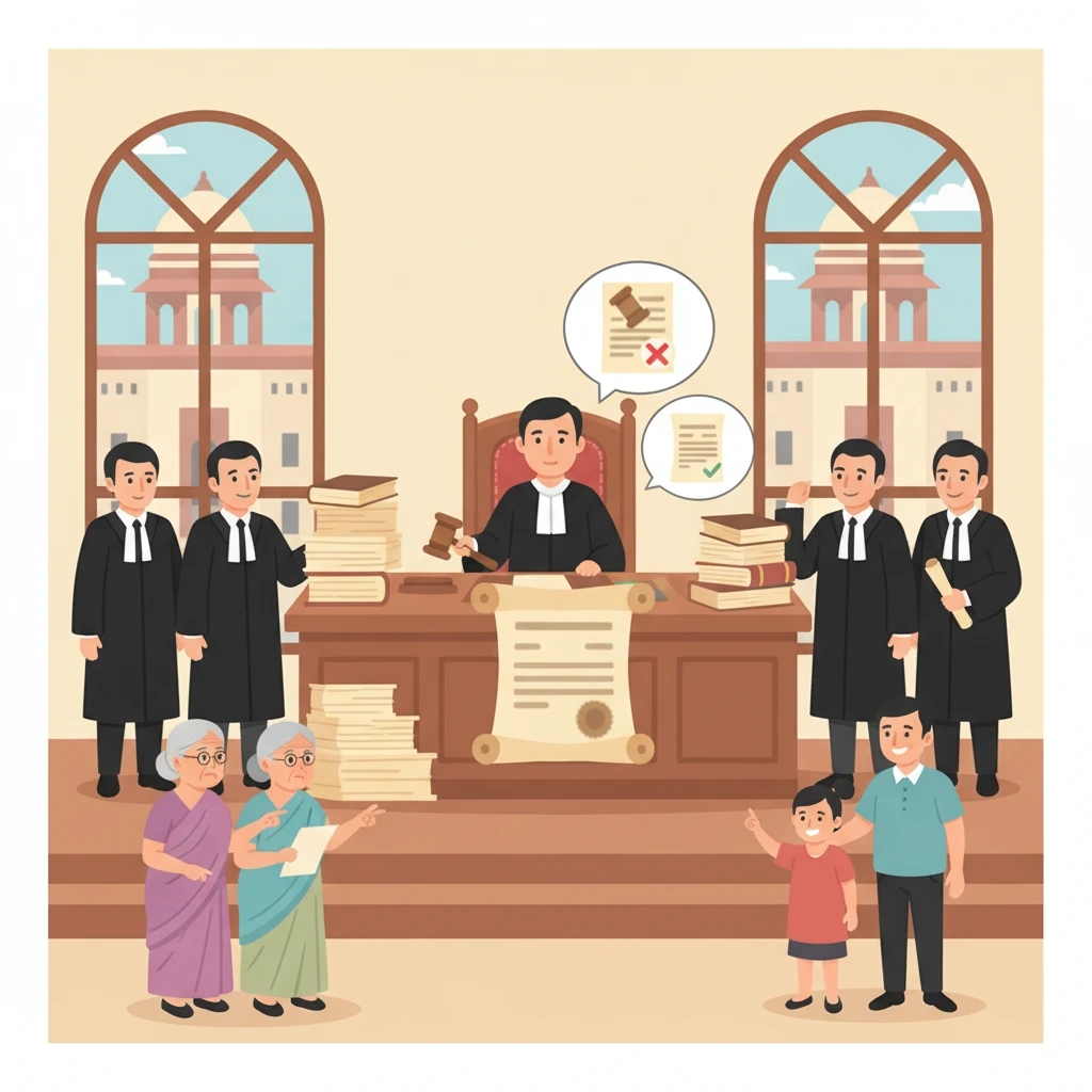 Courtroom scene illustrating execution of a land sale decree by the Patna High Court