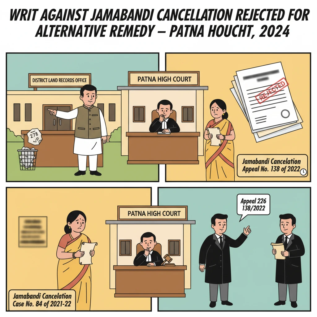 Illustration of Patna High Court reviewing a jamabandi cancellation dispute from Darbhanga.