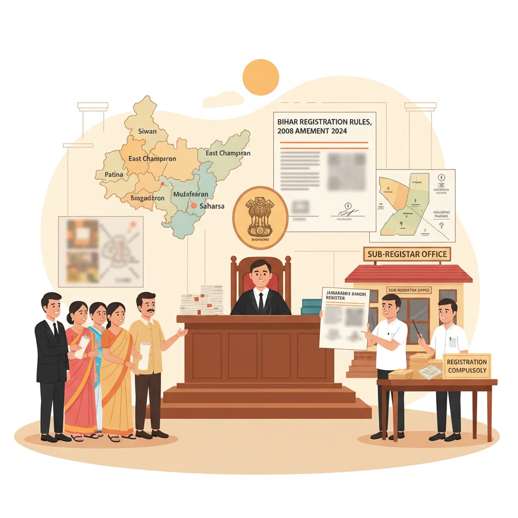 Courtroom illustration showing property registration records and Jamabandi ledgers in Bihar.