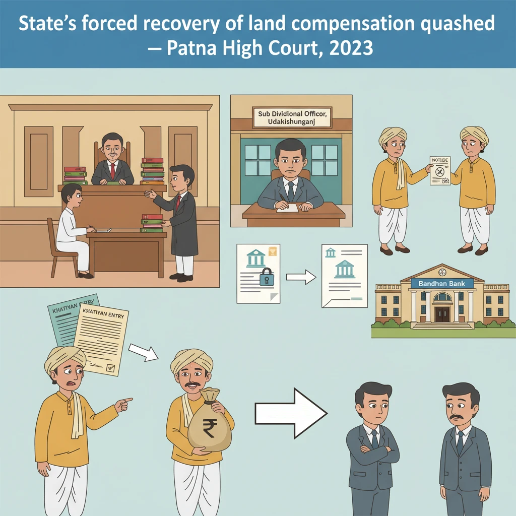 Illustration of Patna High Court reviewing government recovery of land compensation from a bank account.