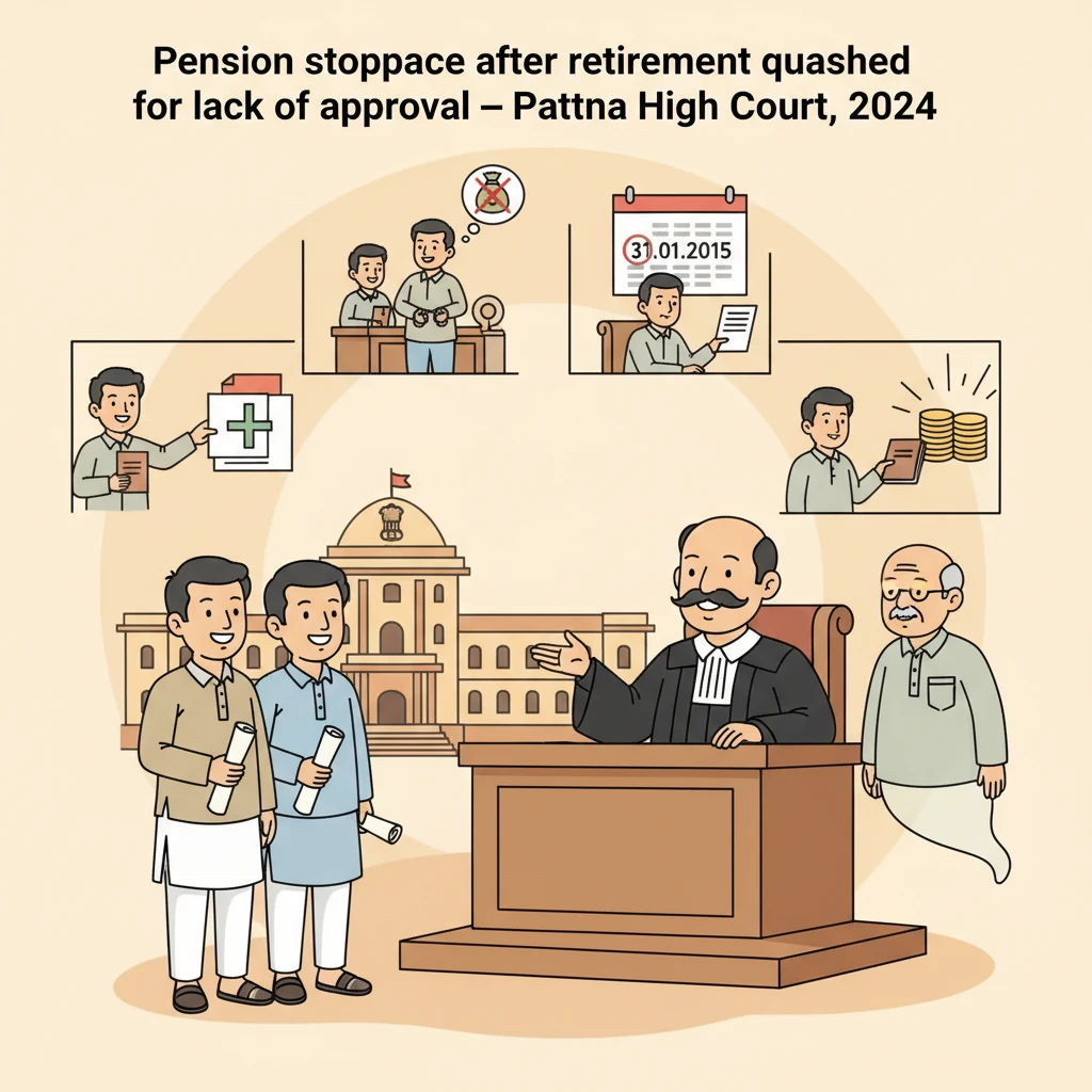 Illustration of Patna High Court reviewing a government pension disciplinary case.