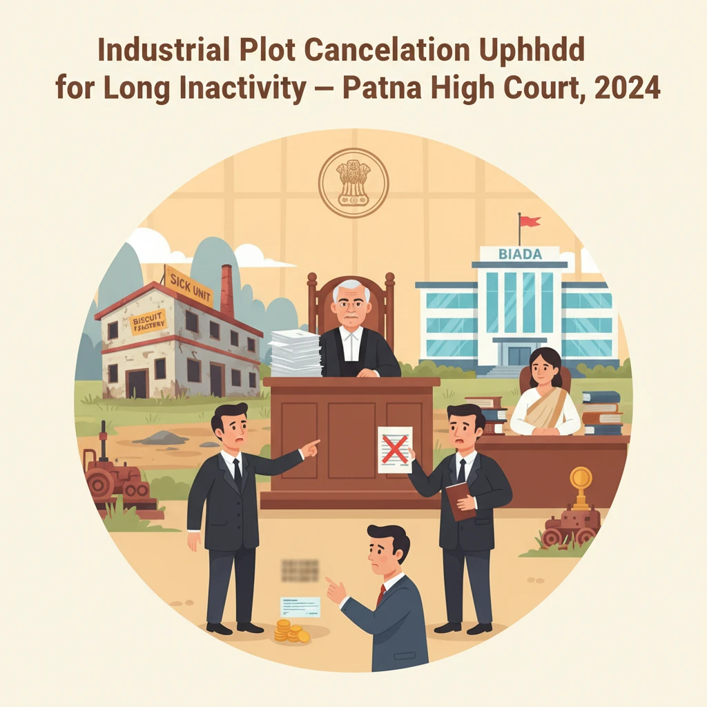 Illustration of Patna High Court reviewing cancellation of an industrial plot by BIADA.
