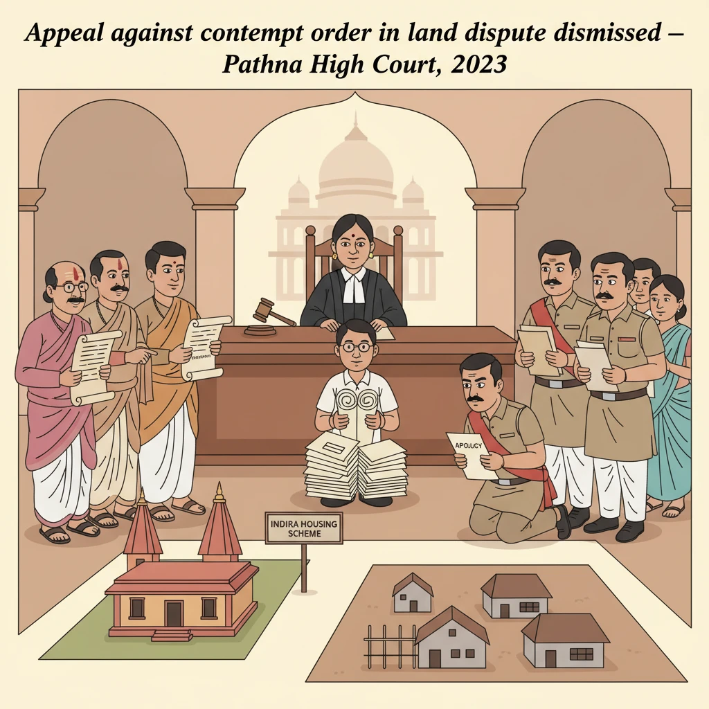 Illustration of Patna High Court hearing a land dispute contempt appeal involving a school and government officials.