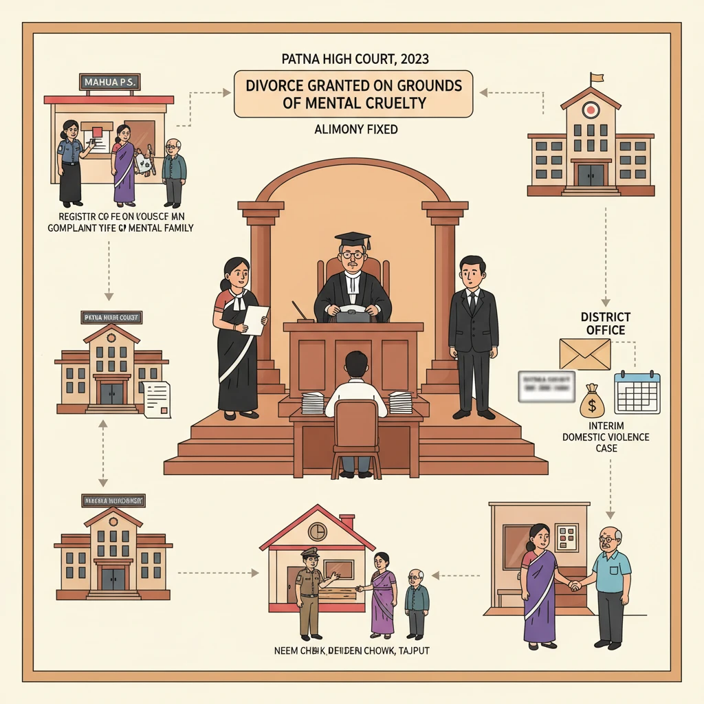 Courtroom illustration showing judges hearing a contested divorce appeal involving cruelty allegations.