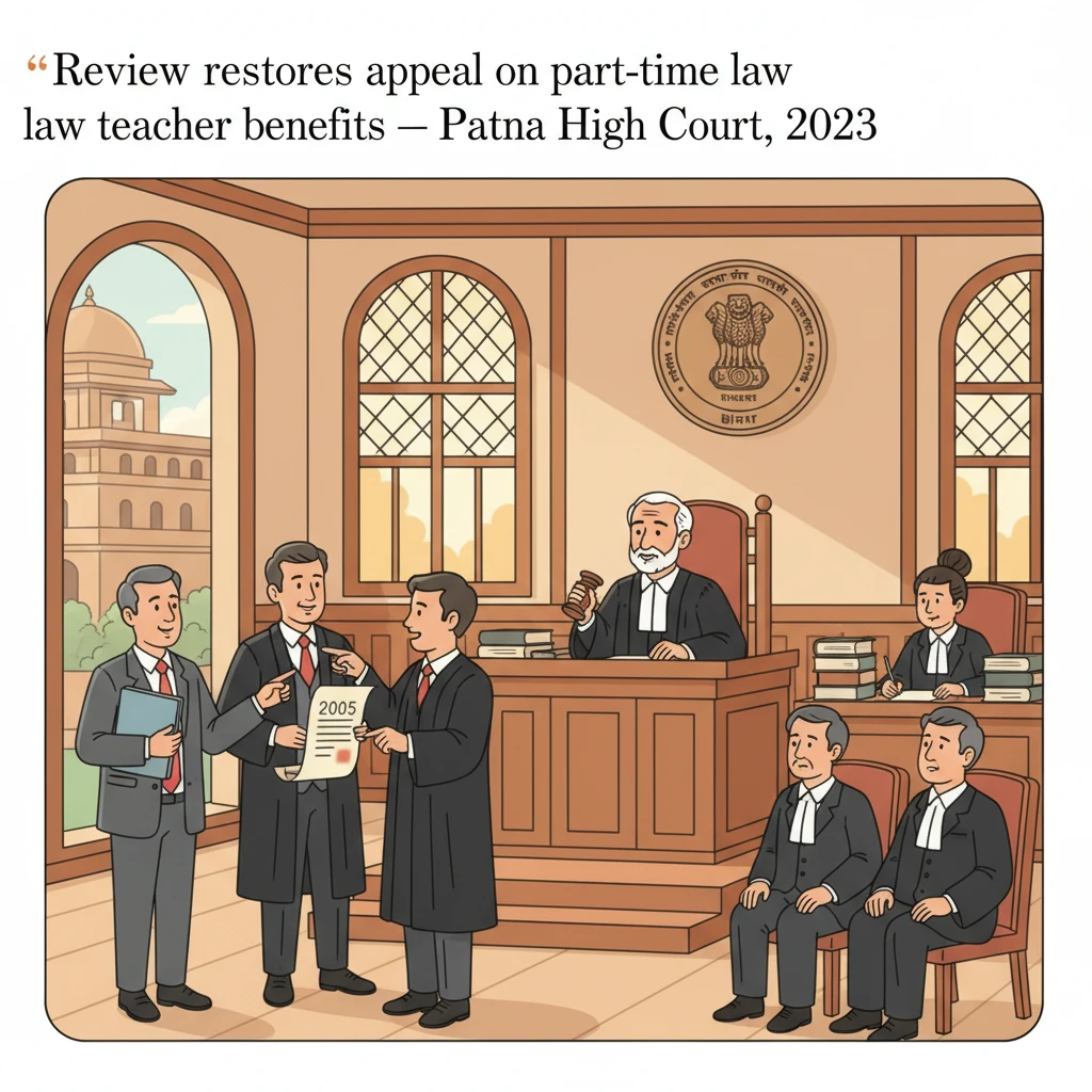 Courtroom illustration showing judges reviewing a university teacher service dispute.