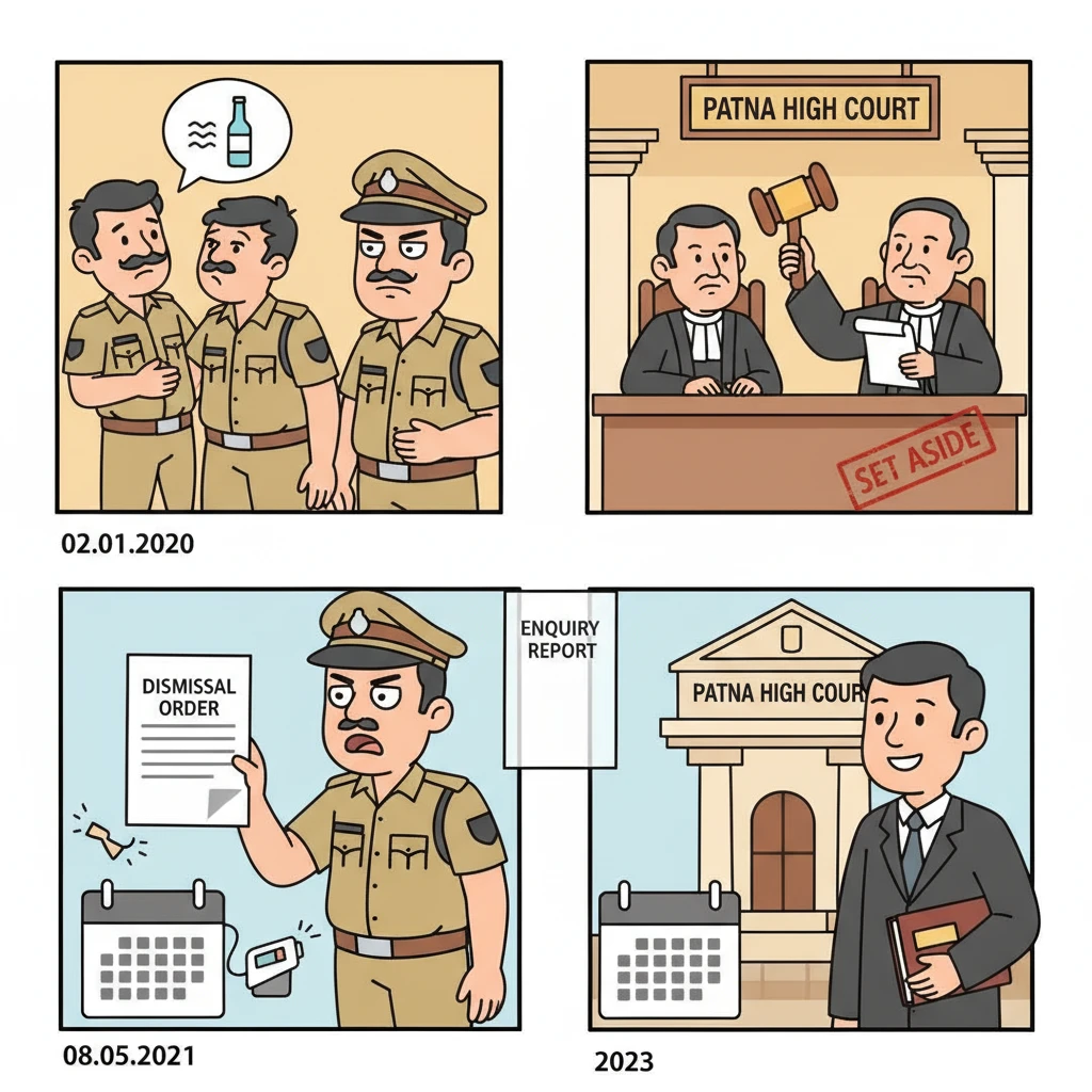 Courtroom illustration showing judicial review of a Bihar Police dismissal enquiry.