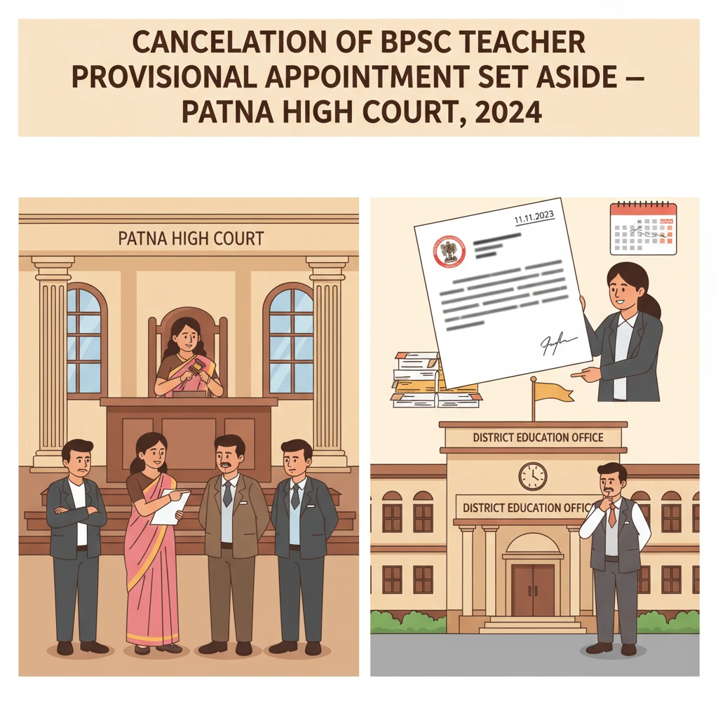 Illustration of Patna High Court reviewing cancellation of a provisional teacher appointment.