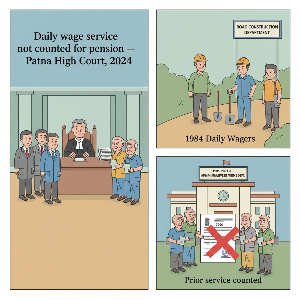 Courtroom illustration showing judges hearing a pension dispute of daily wage workers.