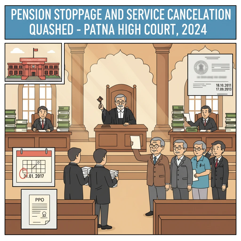 Courtroom illustration showing judges reviewing pension stoppage for retired college teachers.