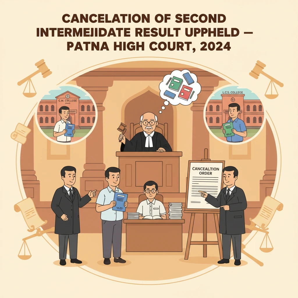 Illustration of Patna High Court hearing a dispute on cancellation of an Intermediate exam result.