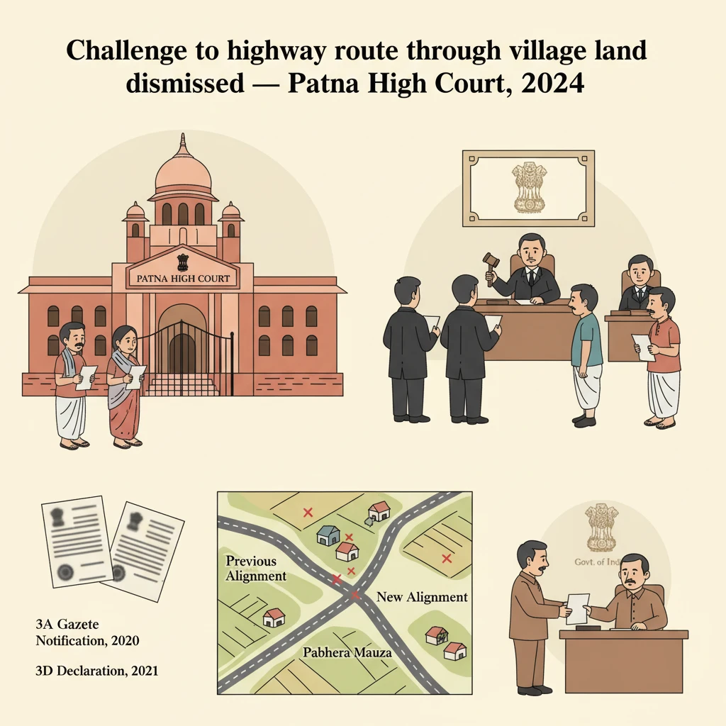 Illustration of Patna High Court reviewing a challenge to national highway land acquisition.