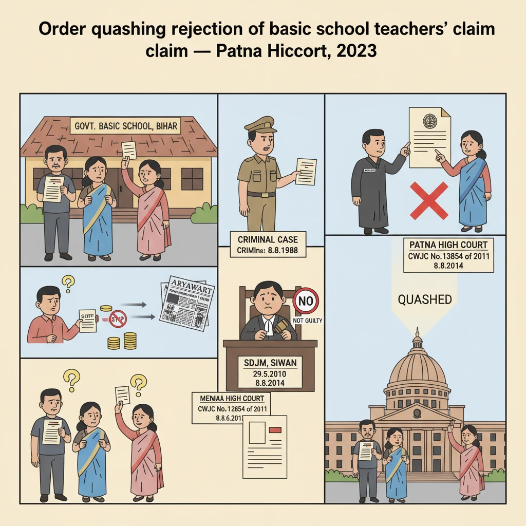 Courtroom scene illustrating Patna High Court review of government basic school teacher appointments.