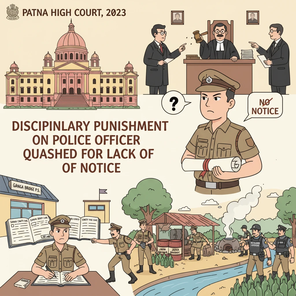 Courtroom illustration showing judicial review of police departmental punishment by Patna High Court.
