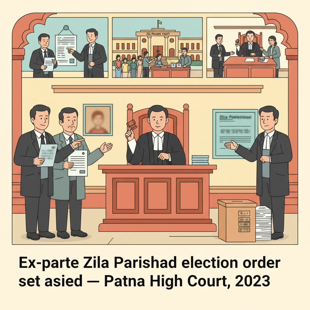 Illustration of a courtroom scene depicting scrutiny of a local body election dispute.