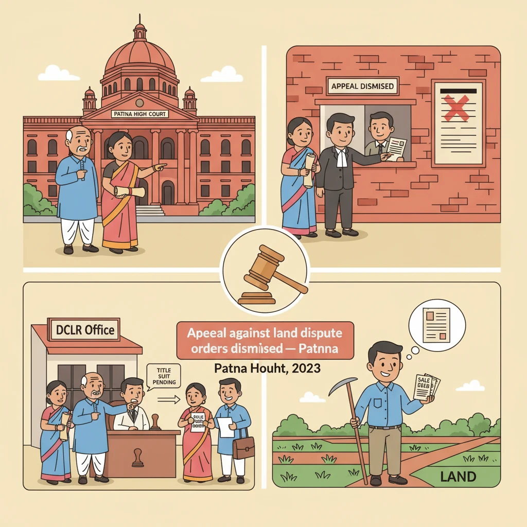 Courtroom illustration showing judges hearing a Bhojpur village land title dispute at Patna High Court.