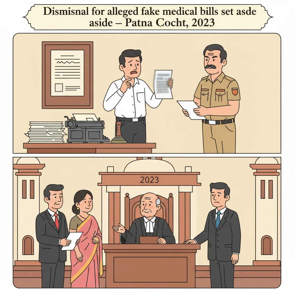 Illustration of Patna High Court reviewing a dismissal over alleged fraudulent medical reimbursement.