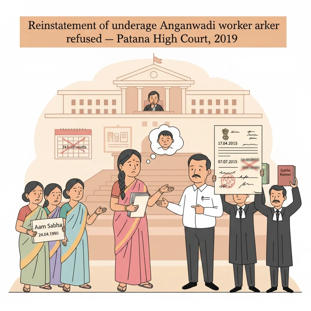 Illustration of Patna High Court examining cancellation of an Anganwadi worker’s illegal underage appointment.