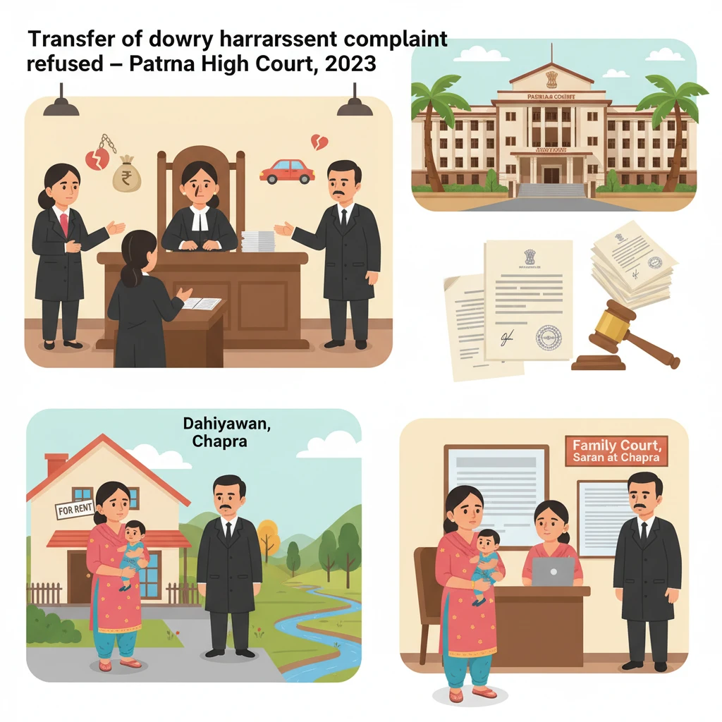 Patna High Court courtroom scene depicting hearing on transfer of a dowry complaint.