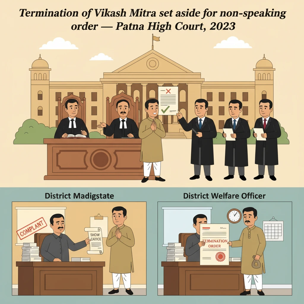 Illustration of Patna High Court reviewing termination of a Vikash Mitra under government scheme guidelines.