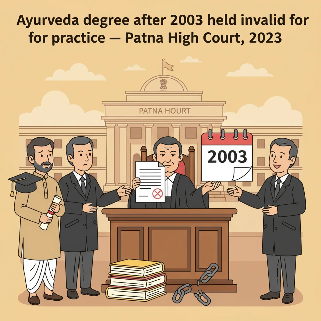 Courtroom illustration showing judges hearing a case on Ayurvedic medical registration.