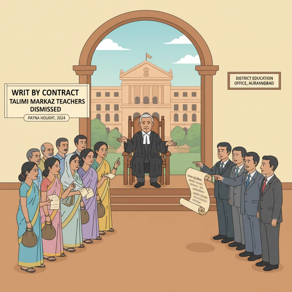 Courtroom illustration showing Patna High Court hearing on contractual education scheme workers.