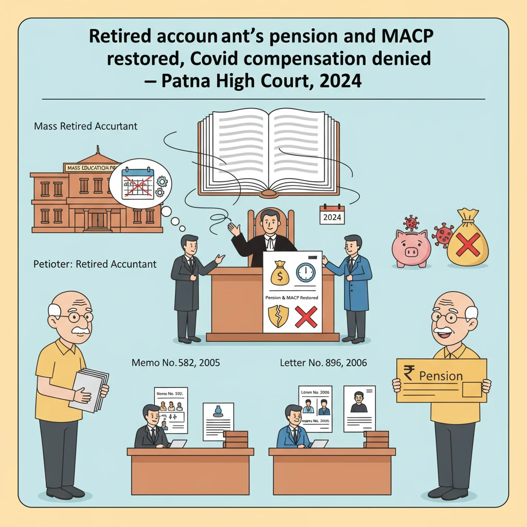 Courtroom scene depicting Patna High Court hearing on pension and MACP for a retrenched government accountant.
