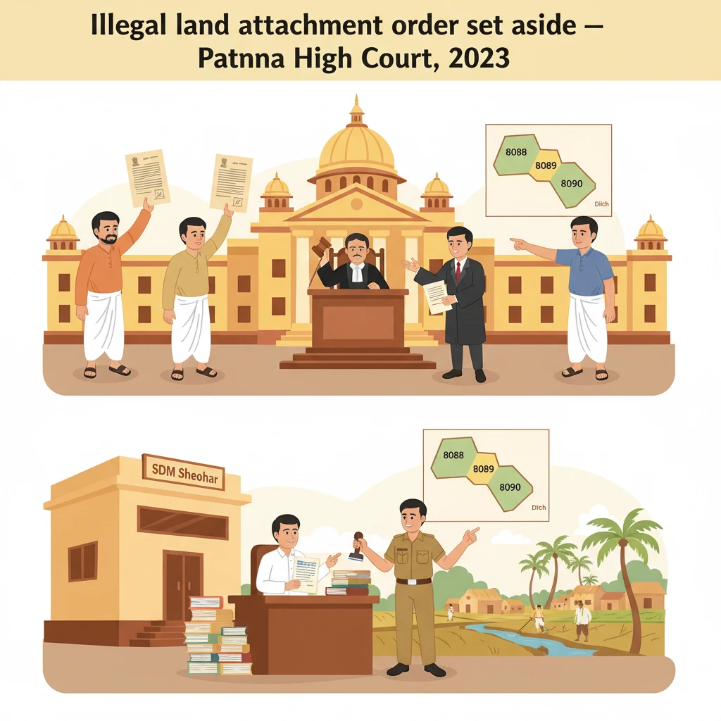 Courtroom scene illustrating Patna High Court review of a village land attachment dispute.