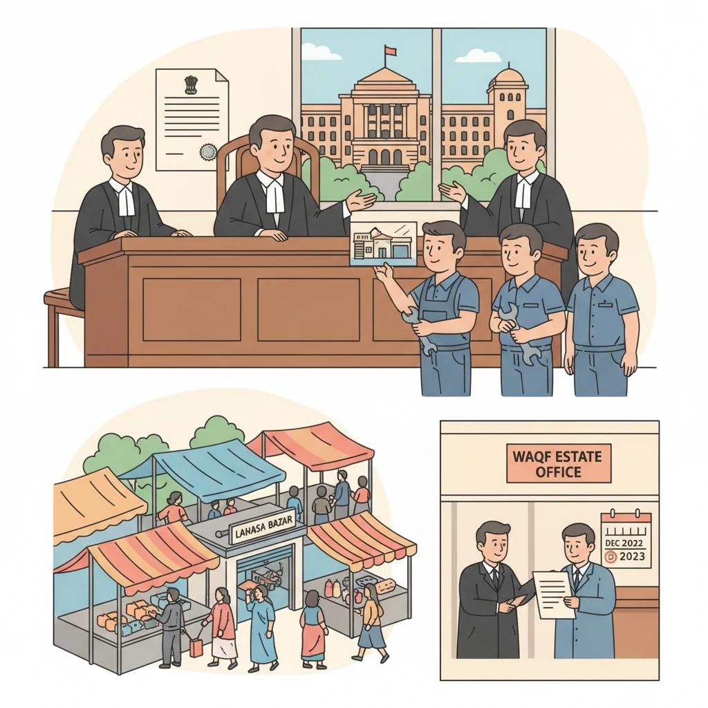 Illustration of the Patna High Court building symbolising a livelihood dispute on Waqf land.
