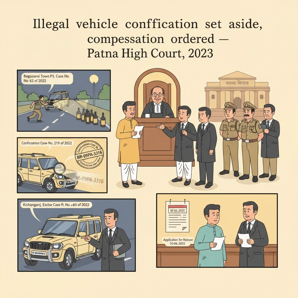 Illustration of Patna High Court reviewing confiscation of a seized vehicle under Bihar prohibition law.