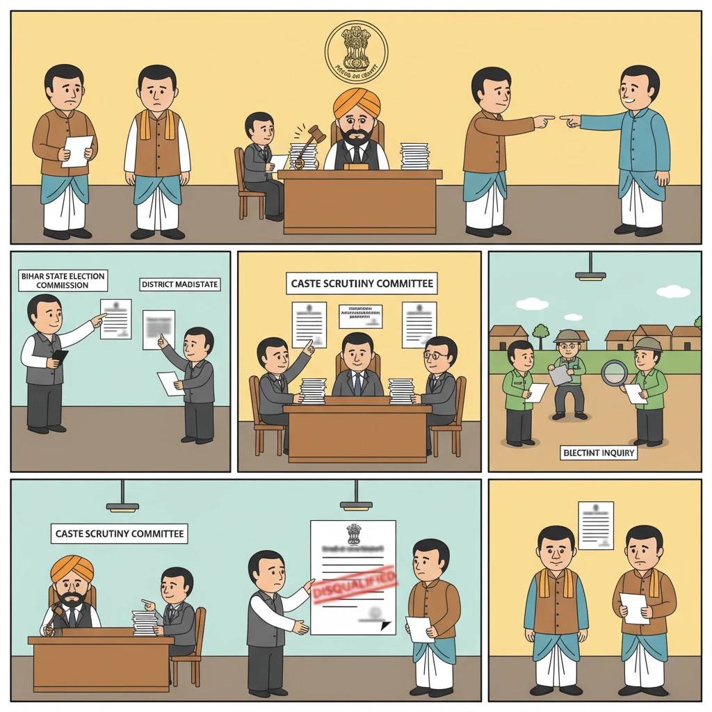 A courtroom scene illustrating Patna High Court scrutiny of Mukhiya disqualification over caste status.