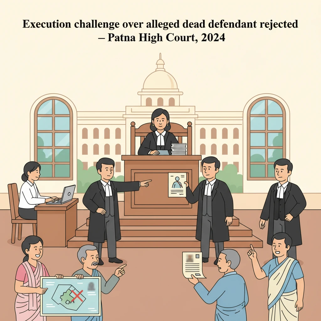 Courtroom illustration showing execution of a Patna High Court land decree in Begusarai.