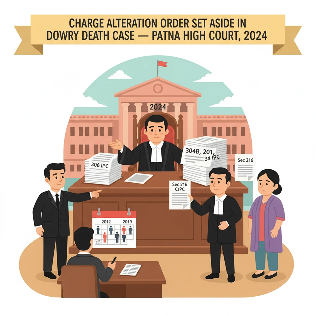 A courtroom scene illustrating the Patna High Court reviewing a criminal charge alteration order.