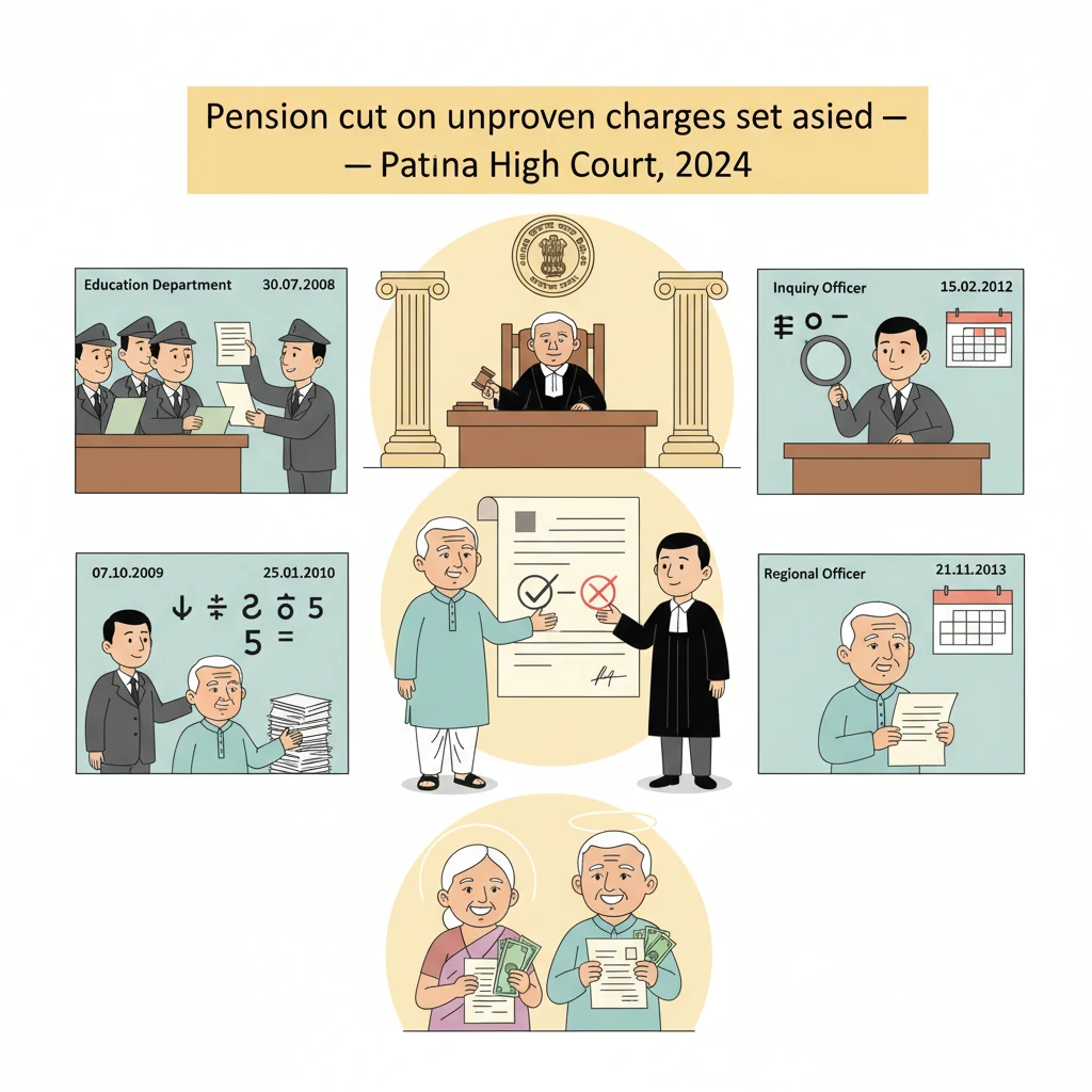 Courtroom setting illustrating Patna High Court review of a pension cut order.