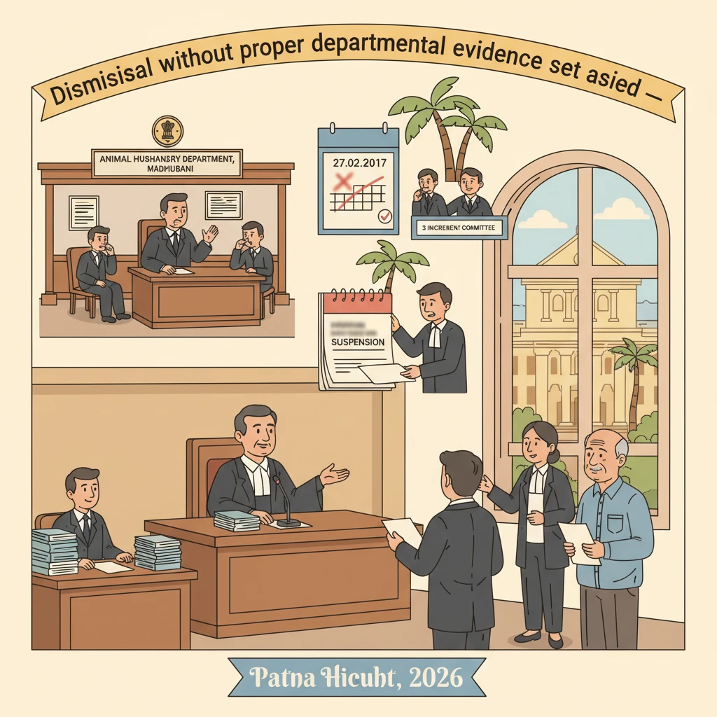 Courtroom illustration of Patna High Court reviewing a departmental dismissal of a government officer.