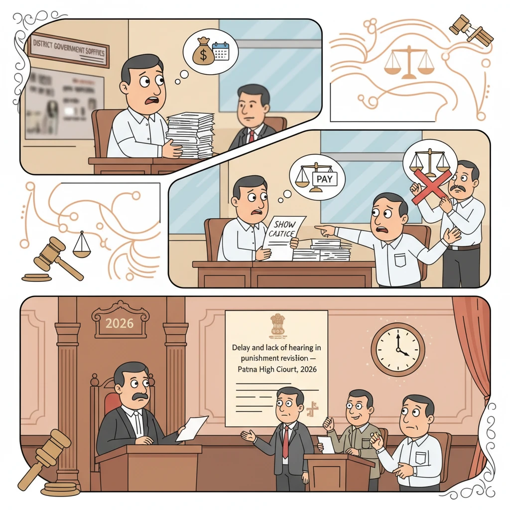 Courtroom illustration showing scrutiny of delayed revision of a government employee’s punishment.