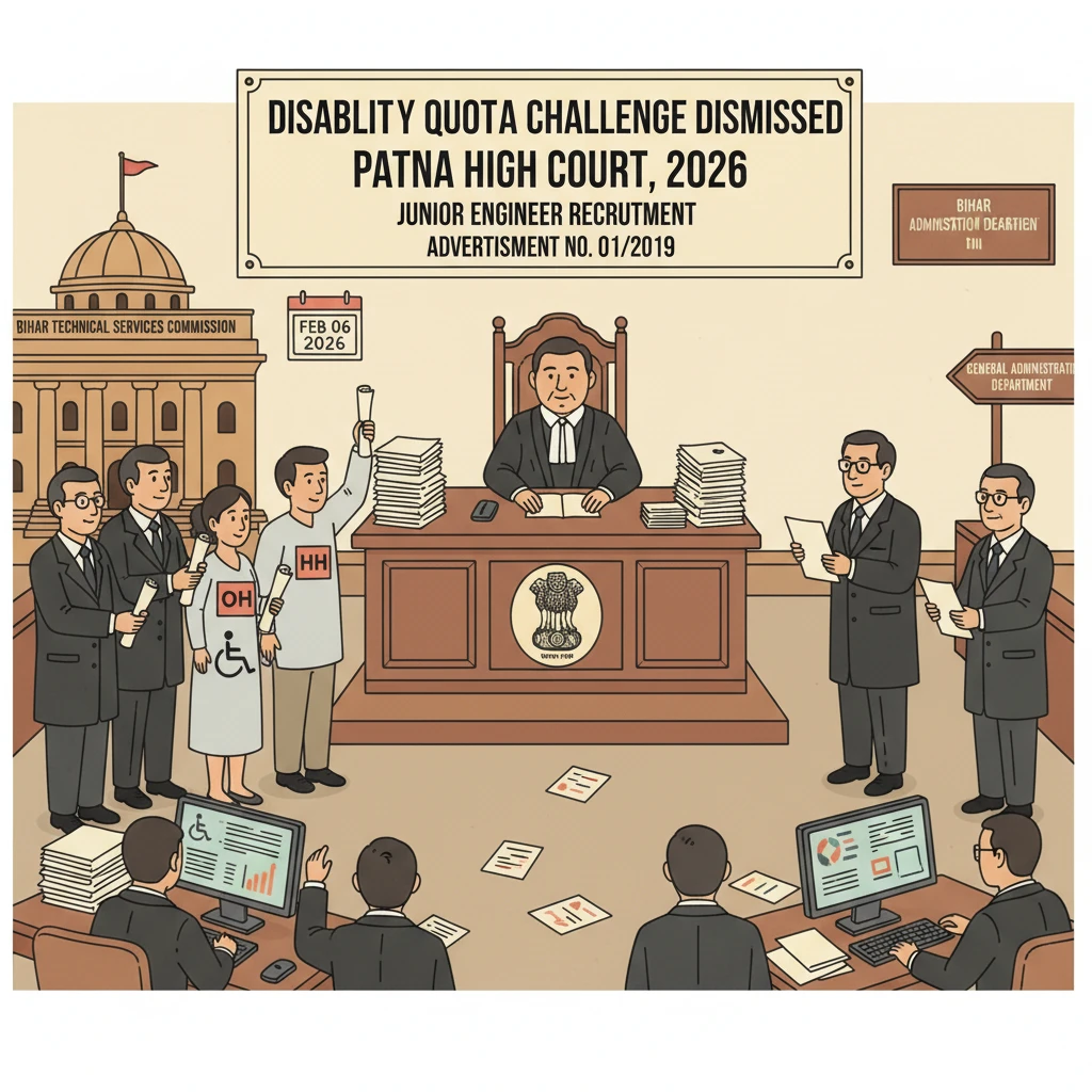 Courtroom scene depicting challenge to disability reservation in Bihar Junior Engineer recruitment.