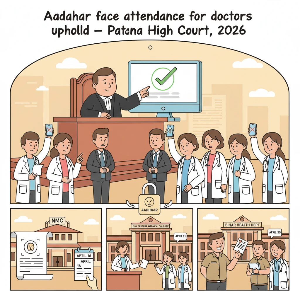 Illustration of Patna High Court examining Aadhaar-based biometric attendance for doctors.
