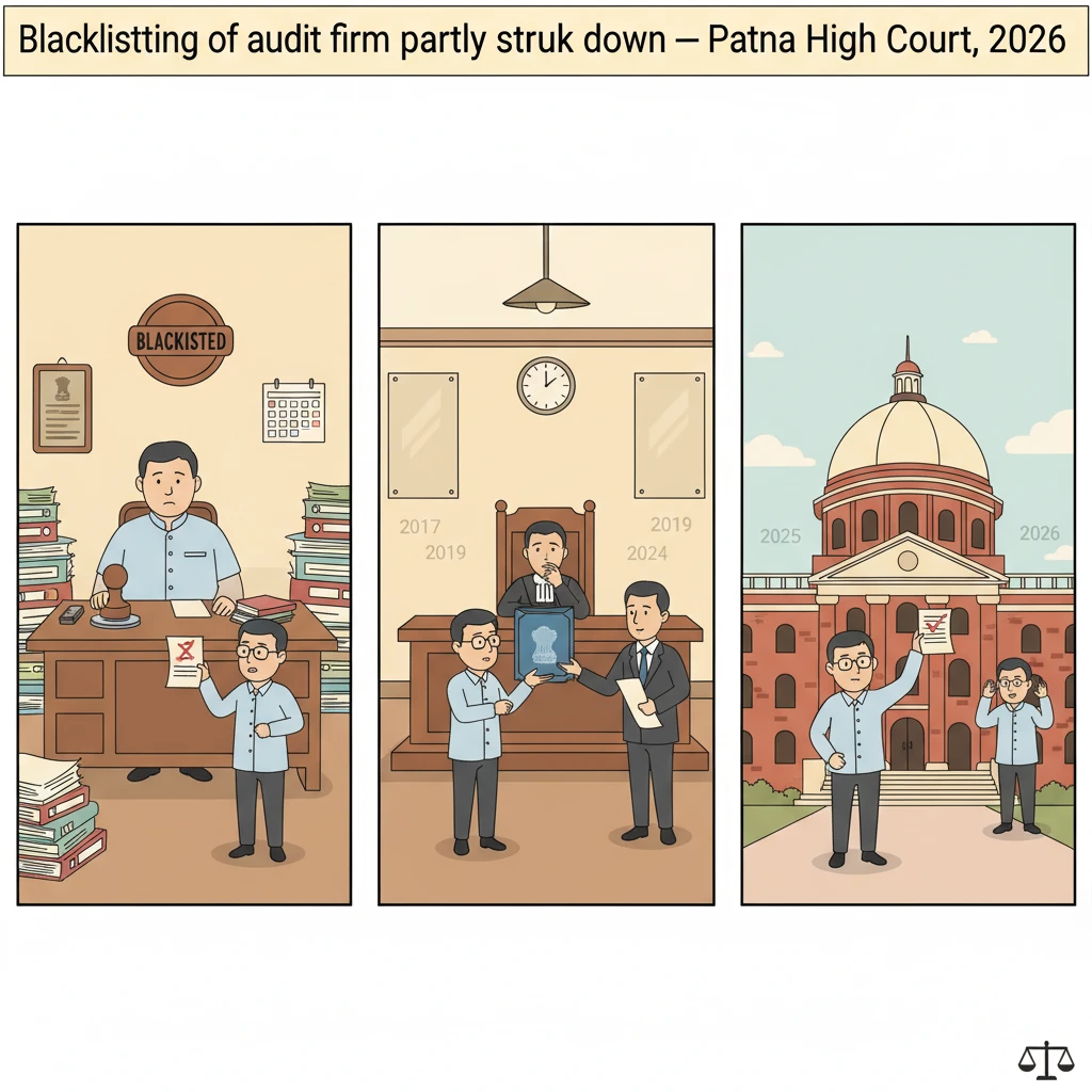 Courtroom illustration showing judges reviewing Registrar’s blacklisting of an audit firm.