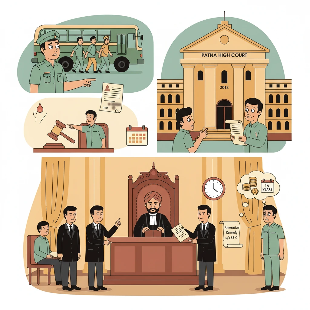 Illustration of the Patna High Court hearing a labour dispute over back wages.