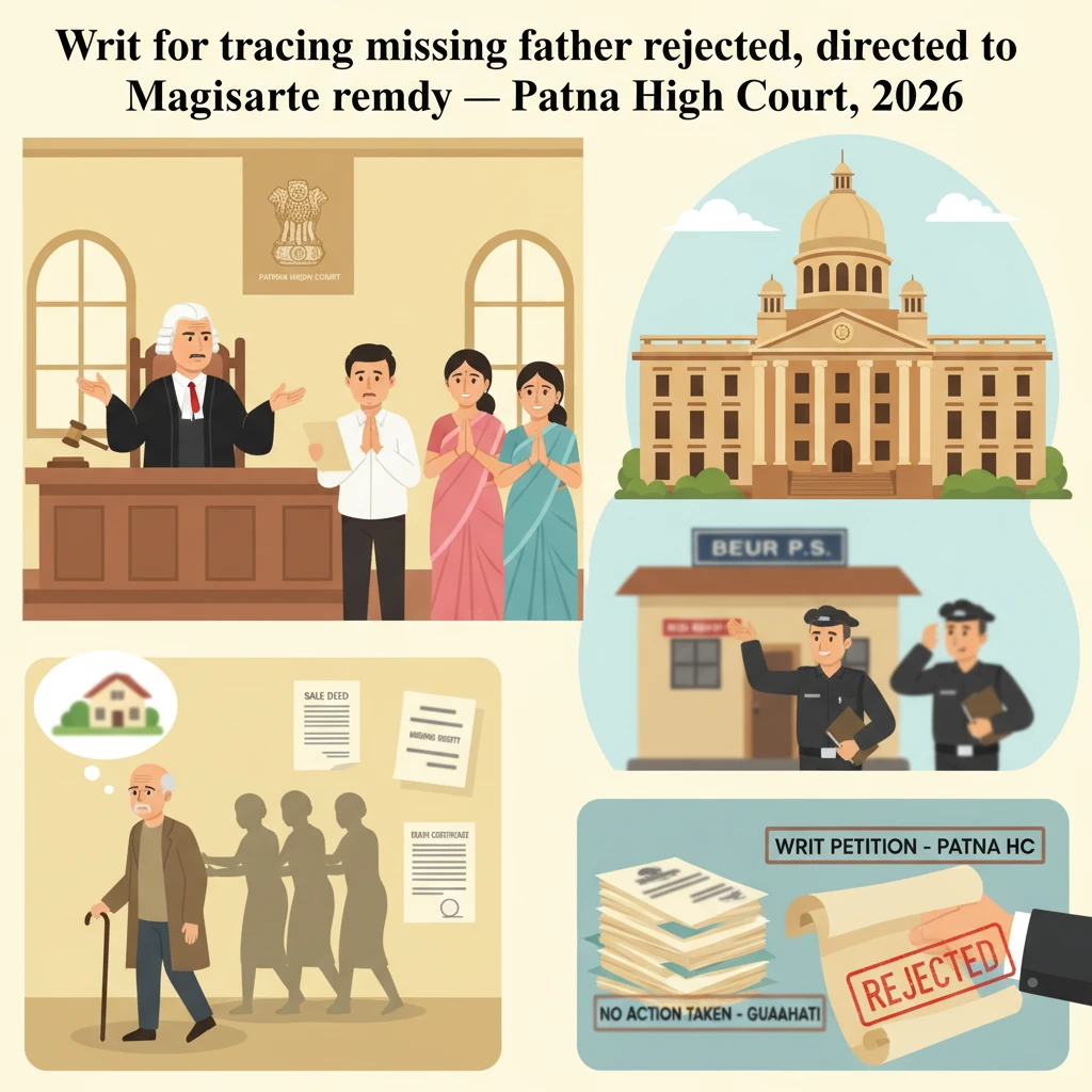 Courtroom illustration showing a judge hearing a missing person writ case.