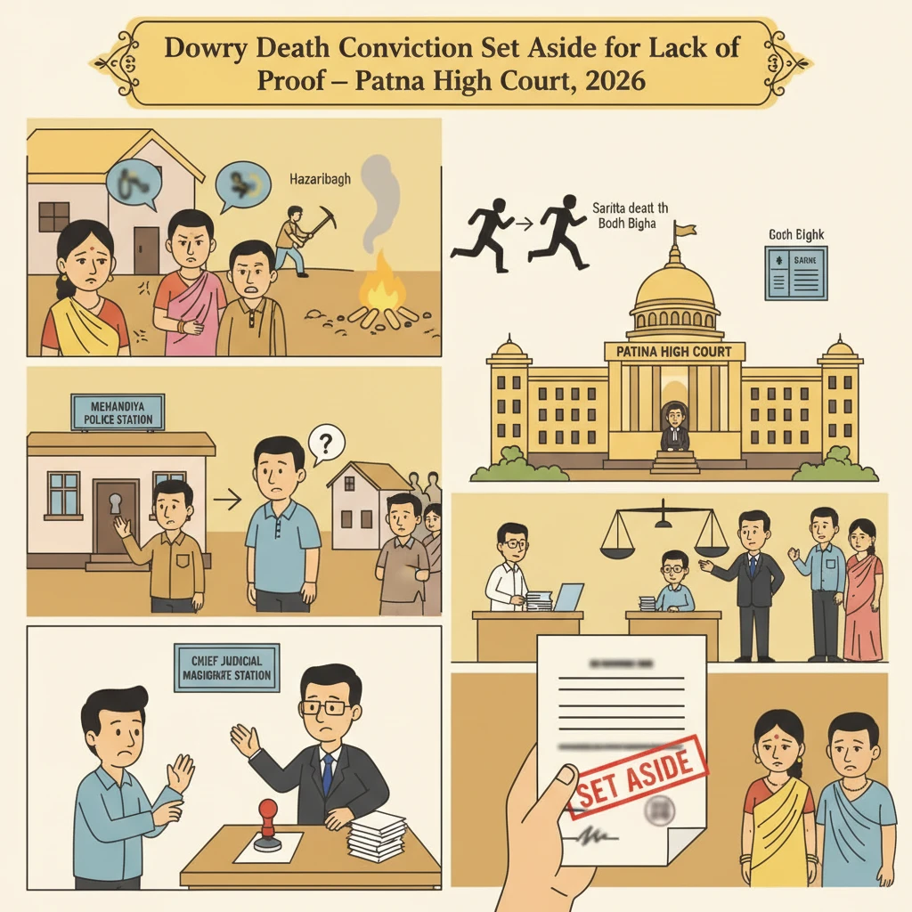 Courtroom illustration showing Patna High Court examining a dowry death conviction on appeal.